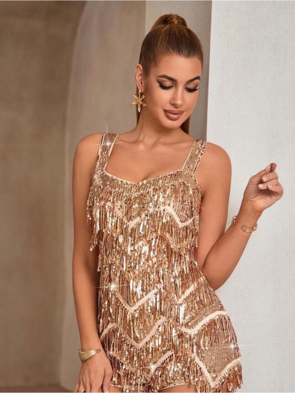 Sequin Fringe Jumper Party Dress - Rose Gold. Size Small/4